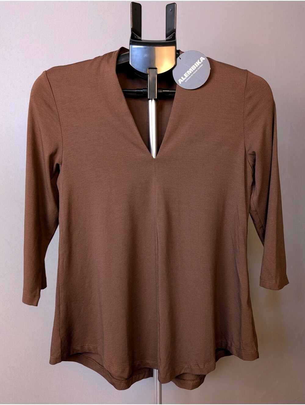 Quiet Luxury Lagenlook Alembika Coffee Brown V-Neck Knit Tunic NWT Small